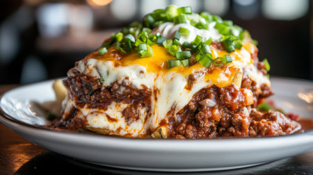 A mouthwatering plate of beef and cheddar casserole topped with green onions, offering a rich and savory experience perfect for any meal. Ideal for food lovers!の素材