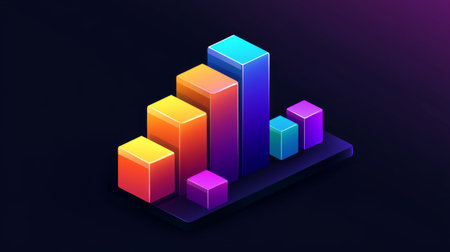 A vibrant bar graph illustration showcasing data trends in a sleek and modern style, set against a dark background, perfect for business and technology themes.の素材