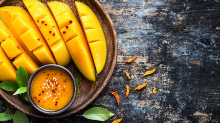 Enjoy fresh mango slices served with a spicy dipping sauce. This vibrant dish combines tropical flavors and healthy delights, perfect for summer.の素材