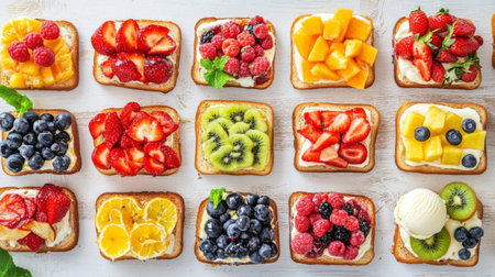 An enticing display of vibrant fruit tarts on toast, showcasing a variety of fresh fruits and creamy toppings. Perfect for summer gatherings or breakfast treats.の素材