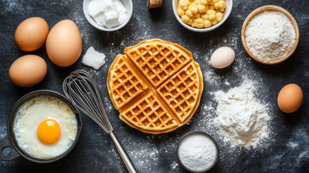 A beautiful flat lay of ingredients for homemade waffles and eggs, featuring flour, eggs, butter, and fresh ingredients ready for cooking. Perfect for breakfast enthusiasts.の素材