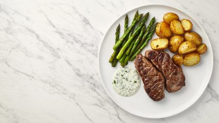 A delicious serving of juicy steak accompanied by crispy potatoes and fresh asparagus, elegantly plated for a gourmet dining experience. Perfect for meal inspiration.の素材
