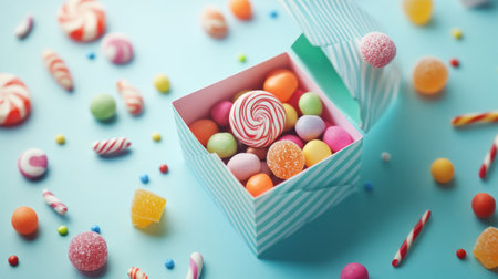 A vibrant candy box overflowing with assorted sweets on a cheerful blue background. Perfect for celebrations, parties, and treating yourself.の素材
