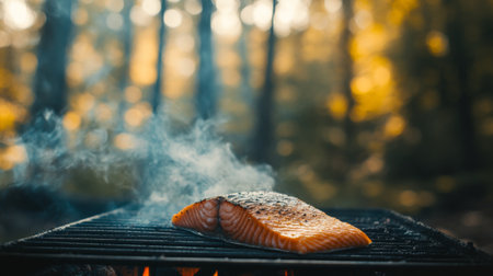 A perfectly grilled salmon fillet rests over a campfire in a serene forest setting, showcasing the smoky aroma and vibrant colors of outdoor cooking.の素材