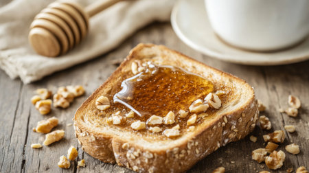 A slice of toasted bread topped with honey and nuts, set on a rustic wooden table. Perfect for a cozy breakfast or a delightful snack.の素材