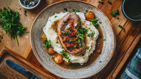 A beautifully plated pork chop served over creamy mashed potatoes with rich gravy, garnished with fresh herbs. Perfect for a delicious dinner.の素材