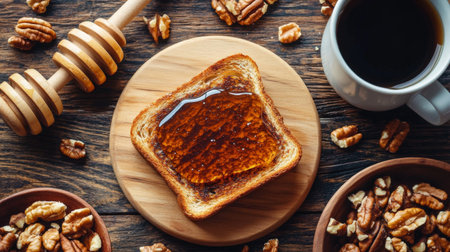 Enjoy a delightful toast topped with honey and crunchy pecans. Perfect for breakfast or a snack, beautifully presented on a rustic wooden table.の素材