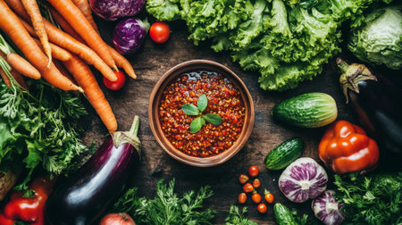 A vibrant display of fresh vegetables and a flavorful sauce in a rustic wooden bowl. Ideal for gardening and culinary themes, emphasizing healthy eating.の素材