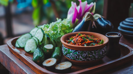 A vibrant arrangement of fresh vegetables and savory dips. Perfect for a healthy meal or appetizer idea, showcasing organic ingredients, colors, and textures.の素材