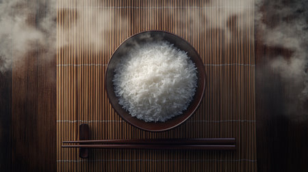 A steaming bowl of white rice placed on a bamboo mat with chopsticks beside it. This image captures the essence of comfort food and healthy eating.の素材