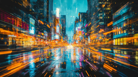 Vibrant city scene showcasing motion blur techniques, highlighting colorful lights reflecting on wet pavement, capturing the energy of urban nightlife.の素材