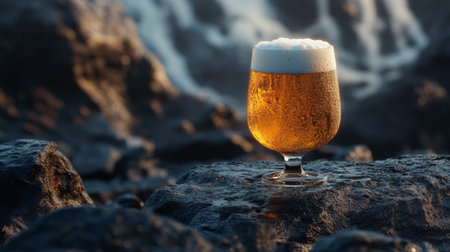 A beautifully styled glass of beer rests on dark rocks near a natural waterfall, capturing a refreshing and serene moment in nature's embrace.の素材