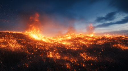 A stunning view of a volcanic eruption at dusk, showcasing a fiery landscape with glowing lava and smoke. The dramatic scene captures nature's raw power.の素材