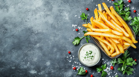 Enjoy a serving of crispy French fries accompanied by a creamy dipping sauce, garnished with fresh herbs, perfect for a tasty snack or side dish.の素材
