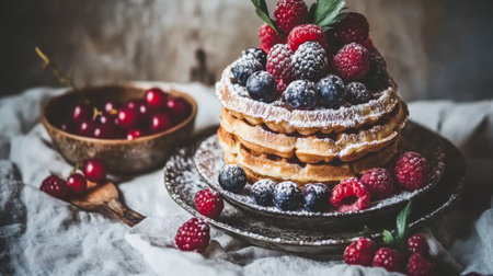 A stack of delicious waffles layered with fresh raspberries and blueberries, dusted with powdered sugar, perfect for a delightful breakfast or dessert.の素材