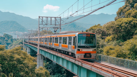 A stunning view of a train traveling over a bridge amidst lush green mountains, showcasing the beauty of nature and modern transportation.の素材