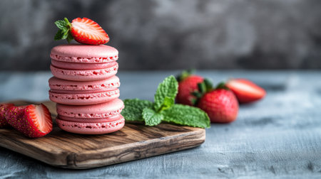 A delightful stack of pink macarons topped with fresh strawberries and mint, elegantly arranged on a wooden board, perfect for your dessert ideas.の素材
