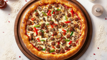 A mouthwatering pizza topped with savory sausage, fresh mushrooms, and colorful peppers, perfect for any meal or gathering with friends.の素材