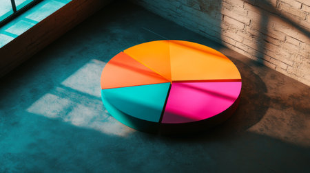 A vibrant pie chart featuring distinct colored sections rests on a concrete floor, illuminated by natural light, creating a striking modern composition.の素材