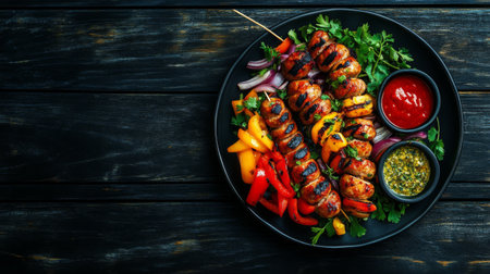 Enjoy a vibrant platter of grilled skewers featuring assorted vegetables and dips, perfect for summer gatherings, barbecues, and culinary delights.の素材