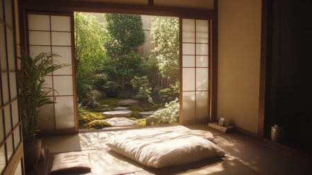 A peaceful view of a Japanese garden from a cozy room. Soft natural light filters in, highlighting lush greenery and a tranquil atmosphere perfect for relaxation.の素材