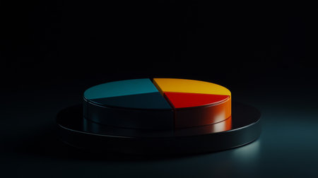A striking pie chart featuring vibrant segments against a dark background, ideal for illustrating business concepts, data visualization, or modern design themes.の素材