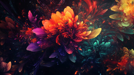 This vibrant abstract floral composition showcases colorful petals and dynamic textures, creating a captivating and artistic representation of nature's beauty. Perfect for decorative use.の素材