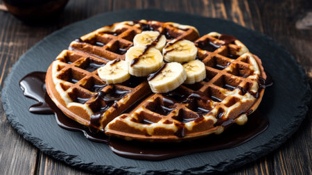 A mouth-watering waffle topped with fresh banana slices and drizzled with rich chocolate sauce, perfect for breakfast or dessert cravings.の素材