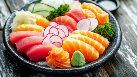 A vibrant sushi platter featuring an assortment of fresh fish, colorful garnishes, and traditional accompaniments, ideal for sushi lovers.の素材