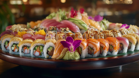 A vibrant assortment of sushi rolls beautifully arranged on a wooden platter, featuring fresh fish, colorful garnishes, and elegant flowers for a delightful presentation.の素材