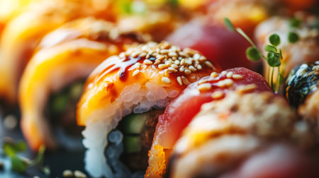 A closeup of colorful sushi rolls topped with sesame seeds and savory sauce. Perfect for food lovers and culinary enthusiasts seeking vibrant delights.の素材