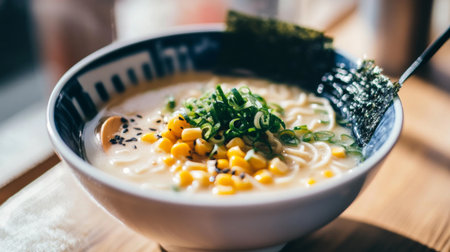 A visually appealing bowl of creamy corn ramen topped with fresh green onions and seaweed. Perfect for a warm, satisfying meal or snack.の素材