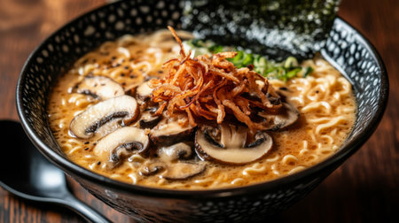 A close-up view of a delectable bowl of mushroom ramen featuring tender noodles, savory broth, and crispy toppings, perfect for food lovers.の素材