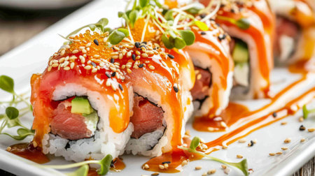 A stunning arrangement of fresh sushi rolls garnished with vibrant toppings, showcasing beautiful textures and colors perfect for food lovers and culinary enthusiasts.の素材
