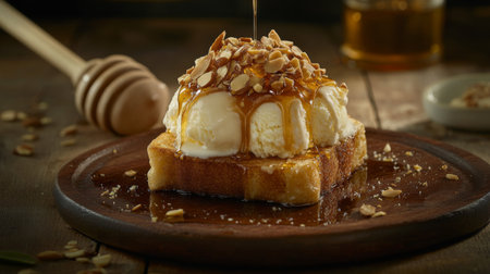 A tempting dessert featuring warm toast topped with creamy ice cream, drizzled with honey, and sprinkled with crunchy nuts, perfect for indulgence.の素材