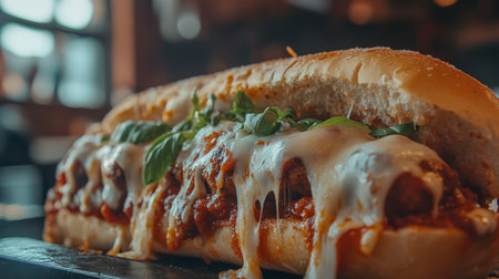 A mouthwatering meatball sub loaded with cheese and fresh herbs. Perfect for a hearty lunch or snack, this inviting sandwich offers a burst of flavor.の素材