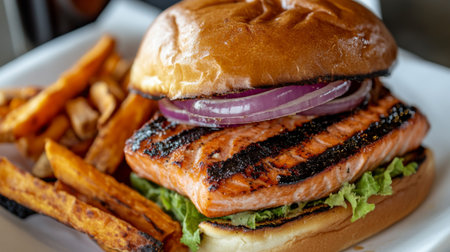 A delicious grilled salmon burger served with crispy sweet potato fries, featuring fresh lettuce and onion, perfect for a hearty meal.の素材