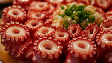 An appealing presentation of fresh octopus garnished with green onions, showcasing vibrant colors and textures perfect for seafood lovers and culinary enthusiasts.の素材