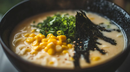 A delicious bowl of creamy ramen soup topped with fresh corn, green onions, and seaweed, perfect for a warming and satisfying meal.の素材