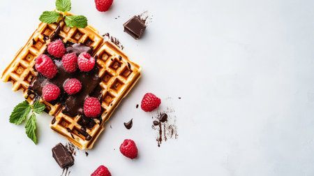 A delicious homemade waffle topped with fresh raspberries and rich chocolate. Perfect for breakfast or dessert, this dish offers a delightful blend of flavors.の素材