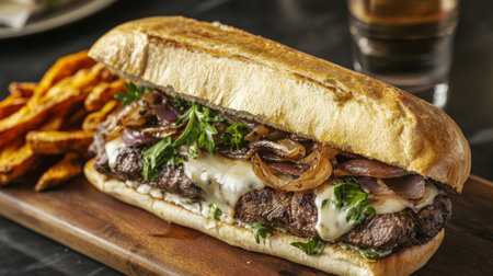A mouth-watering steak sandwich topped with onions and cheese, served with crispy sweet potato fries. Perfect for a delicious meal or snack.の素材