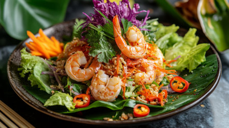 A fresh shrimp salad featuring vibrant vegetables and aromatic herbs. This colorful dish is perfect for a healthy meal, showcasing culinary art.の素材