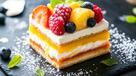 A beautifully layered cake topped with fresh fruits, including raspberries, strawberries, and blueberries, creating a vibrant and delicious dessert perfect for any occasion.の素材