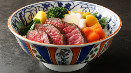A beautifully presented Japanese dish featuring sliced beef served with a variety of colorful vegetables, highlighting fresh ingredients and culinary artistry.の素材