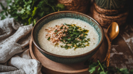 A creamy soup garnished with fresh herbs and nuts in a rustic bowl. Perfect for healthy meals, this dish brings warmth and flavor to any dining table.の素材