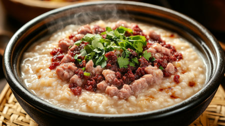 A steaming bowl of hearty rice porridge topped with flavorful minced meat and fresh herbs, showcasing a comforting and traditional meal. Perfect for breakfast or any time of day.の素材