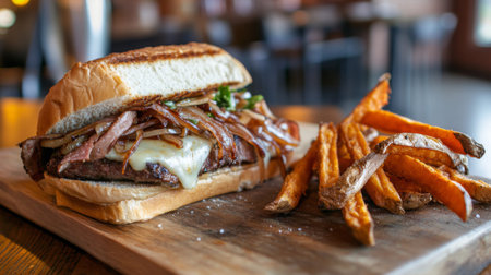 A mouthwatering beef sandwich topped with melted cheese and caramelized onion, served alongside crispy sweet potato fries on a wooden platter. Perfect for lunch!の素材
