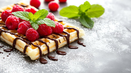 A tempting waffle topped with fresh raspberries and mint leaves, drizzled with chocolate sauce, perfect for a delightful dessert or breakfast treat.の素材