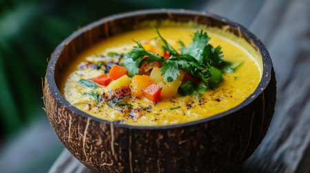 A vibrant coconut bowl filled with delicious vegetable soup, showcasing fresh ingredients and a colorful presentation, perfect for a healthy meal.の素材