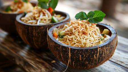 Discover a vibrant meal served in coconut bowls, featuring noodles and colorful vegetables. Perfect for healthy dining and culinary presentations.の素材